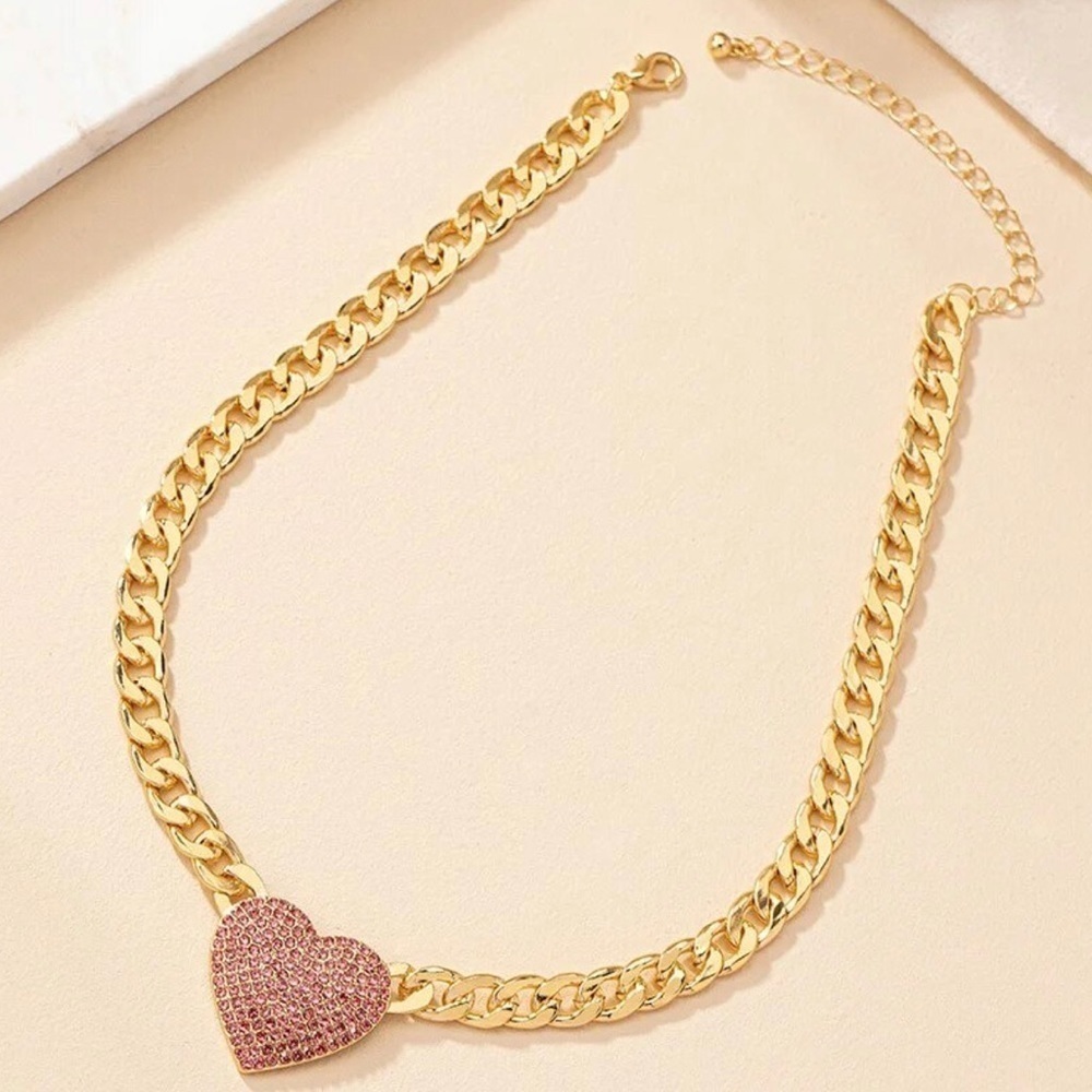 18K Gold Chunky Chain Choker Necklace With Pave Red Natural Zircon Center Heart - Picture 3 of 4
